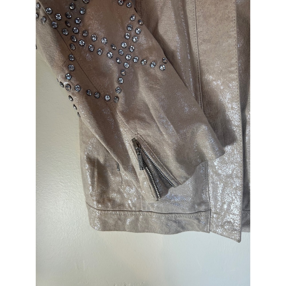 Bradley Bayou Women's Shimmering Beige Silver Studded Leather Jacket Size Medium - Picture 7 of 11